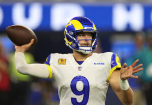 Matthew Stafford #9 of the Los Angeles Rams looks to pass against the Tennessee Titans during the second quarter at SoFi Stadium on November 07, 2021 in Inglewood, California.