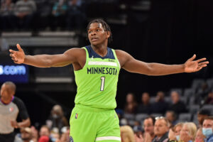 Anthony Edwards #1 of the Minnesota Timberwolves reacts during the game against the Memphis Grizzlies at FedExForum on November 08, 2021 in Memphis, Tennessee. 