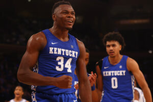 Oscar Tshiebwe #34 of Kentucky Wildcats reacts after making a basket against the Duke Blue Devils during the State Farm Champions Classic at Madison Square Garden on November 09, 2021 in New York City. 