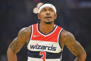 Bradley Beal #3 of the Washington Wizards pauses during the first half against the Cleveland Cavaliers at Rocket Mortgage Fieldhouse on November 10, 2021 in Cleveland, Ohio.