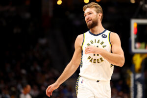 Domantas Sabonis #11 of the Indiana Pacers reacts to a call against the Denver Nuggets at Ball Arena on November 10, 2021 in Denver, Colorado.