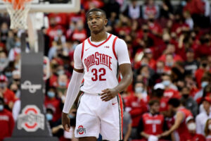 COLUMBUS, OHIO - NOVEMBER 09: E.J. Liddell #32 of the Ohio State Buckeyes looks on during the first half of the game against the Akron Zips at Value City Arena on November 09, 2021 in Columbus, Ohio.