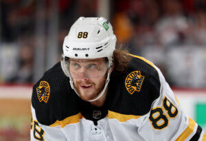 David Pastrnak #88 of the Boston Bruins waits for the face off in the third period against the New Jersey Devils at Prudential Center on November 13, 2021 in Newark, New Jersey. The Boston Bruins defeated the New Jersey Devils 5-2.