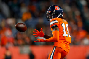 Wide receiver Jerry Jeudy #10 of the Denver Broncos catches a pass during the second half against the Philadelphia Eagles at Empower Field at Mile High on November 14, 2021 in Denver, Colorado.