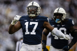 Arnold Ebiketie of the Penn State Nittany Lions celebrates.