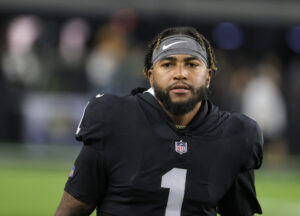 Wide receiver DeSean Jackson #1 of the Las Vegas Raiders warms up before a game against the Kansas City Chiefs at Allegiant Stadium on November 14, 2021 in Las Vegas, Nevada. The Chiefs defeated the Raiders 41-14. 