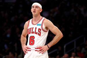 Alex Caruso #6 of the Chicago Bulls looks on during the second quarter against the Los Angeles Lakers at Staples Center on November 15, 2021 in Los Angeles, California. 