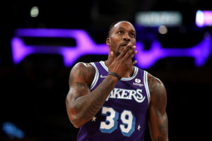 Dwight Howard #39 of the Los Angeles Lakers looks on during the second quarter against the Chicago Bulls at Staples Center on November 15, 2021 in Los Angeles, California.