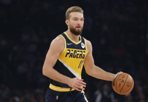 Domantas Sabonis #11 of the Indiana Pacers dribbles during the first half against the New York Knicks at Madison Square Garden on November 15, 2021 in New York City.