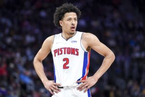 Cade Cunningham #2 of the Detroit Pistons looks on against the Los Angeles Lakers during the first quarter of the game at Little Caesars Arena on November 21, 2021 in Detroit, Michigan.