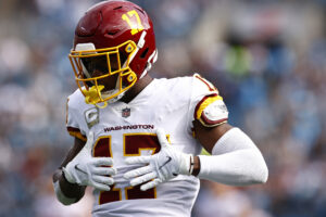 Terry McLaurin #17 of the Washington Football Team reacts following a play during the first half of their game against the Carolina Panthers at Bank of America Stadium on November 21, 2021 in Charlotte, North Carolina.