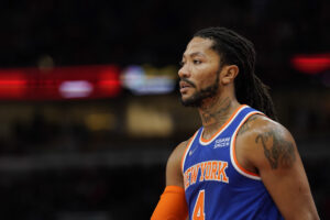 Derrick Rose #4 of the New York Knicks looks on against the Chicago Bulls in the first half at United Center on November 21, 2021 in Chicago, Illinois.