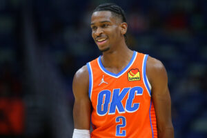 Shai Gilgeous-Alexander #2 of the Oklahoma City Thunder reacts against the New Orleans Pelicans during a game at the Smoothie King Center on November 10, 2021 in New Orleans, Louisiana.