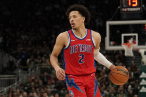 Cade Cunningham #2 of the Detroit Pistons dribbles the ball against the Milwaukee Bucks in the second half at Fiserv Forum on November 24, 2021 in Milwaukee, Wisconsin. NOTE TO USER: User expressly acknowledges and agrees that, by downloading and or using this photograph, user is consenting to the terms and conditions of the Getty Images License Agreement.