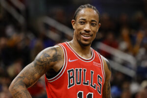 DeMar DeRozan #11 of the Chicago Bulls looks on during the second quarter against the Orlando Magic at Amway Center on November 26, 2021 in Orlando, Florida.