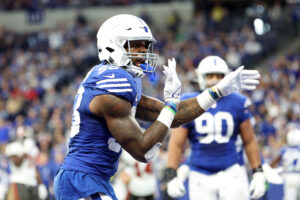 Darius Leonard #53 of the Indianapolis Colts reacts during the second half of the game against the Tampa Bay Buccaneers at Lucas Oil Stadium on November 28, 2021 in Indianapolis, Indiana.