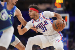 Seth Curry #31 of the Philadelphia 76ers dribbles the ball against the Minnesota Timberwolves at the Wells Fargo Center on November 27, 2021 in Philadelphia, Pennsylvania.