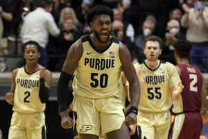 Trevion Williams #50 of the Purdue Boilermakers reacts after a play during the second half in the game against the Florida State Seminoles at Mackey Arena on November 30, 2021 in West Lafayette, Indiana.