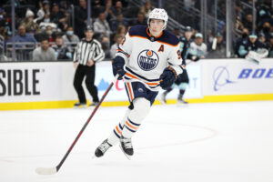 Ryan Nugent-Hopkins #93 of the Edmonton Oilers skates during the third period against the Seattle Kraken at Climate Pledge Arena on December 03, 2021 in Seattle, Washington.