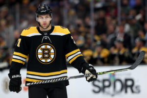 Taylor Hall #71 of the Boston Bruins looks on during the second period against the Edmonton Oilers at TD Garden on November 11, 2021 in Boston, Massachusetts.