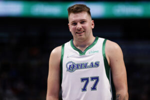 Luka Doncic #77 of the Dallas Mavericks reacts against the Brooklyn Nets in the second half at American Airlines Center on November 7, 2021 in Dallas, Texas. The Nets won 102-99.