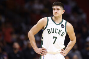 Grayson Allen #7 of the Milwaukee Bucks looks on against the Miami Heat during the second half at FTX Arena on December 08, 2021 in Miami, Florida.
