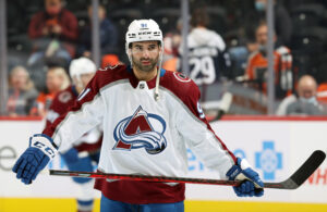 Nazem Kadri #91 of the Colorado Avalanche looks on during warm-ups prior to his game against the Philadelphia Flyers at the Wells Fargo Center on December 6, 2021 in Philadelphia, Pennsylvania.