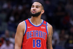 Cory Joseph #18 of the Detroit Pistons reacts against the New Orleans Pelicans during a game at the Smoothie King Center on December 10, 2021 in New Orleans, Louisiana.