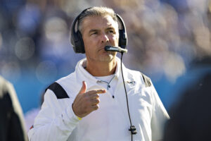 Head Coach Urban Meyer of the Jacksonville Jaguars on the sidelines during a game against the Tennessee Titans at Nissan Stadium on December 12, 2021 in Nashville, Tennessee. 