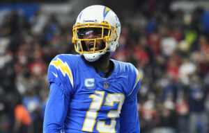 Keenan Allen #13 of the Los Angeles Chargers reacts after scoring a touchdown during the fourth quarter against the Kansas City Chiefs at SoFi Stadium on December 16, 2021 in Inglewood, California.