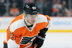 Cam Atkinson #89 of the Philadelphia Flyers looks on against the New Jersey Devils at the Wells Fargo Center on December 14, 2021 in Philadelphia, Pennsylvania. 