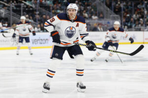 Leon Draisaitl #29 of the Edmonton Oilers skates against the Seattle Kraken during the third period at Climate Pledge Arena on December 18, 2021 in Seattle, Washington.