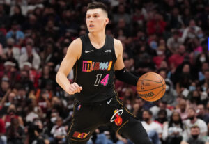 Tyler Herro #14 of the Miami Heat controls the ball against the Indiana Pacers during the second half at FTX Arena on December 21, 2021 in Miami, Florida.