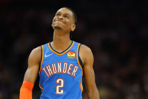 Shai Gilgeous-Alexander #2 of the Oklahoma City Thunder reacts during the second half of the NBA game at Footprint Center on December 23, 2021 in Phoenix, Arizona. The Suns defeated the Thunder 113-101.