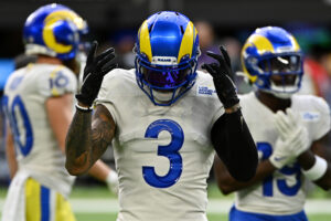 Odell Beckham Jr. #3 of the Los Angeles Rams goes through his pre-game routine before the game against the Minnesota Vikings at U.S. Bank Stadium on December 26, 2021 in Minneapolis, Minnesota.