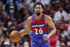 Spencer Dinwiddie #26 of the Washington Wizards in action against the Miami Heat during the first half at FTX Arena on December 28, 2021 in Miami, Florida. 