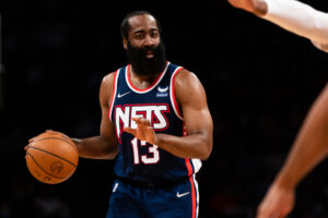 James Harden #13 of the Brooklyn Nets in action during the first half against the Philadelphia 76ers at Barclays Center on December 30, 2021 in New York City.