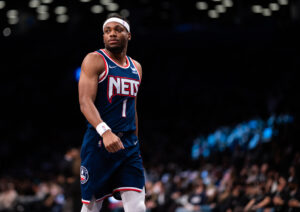 Bruce Brown #1 of the Brooklyn Nets during a break in the action in the second quarter against the Los Angeles Clippers at Barclays Center on January 01, 2022 in New York City.