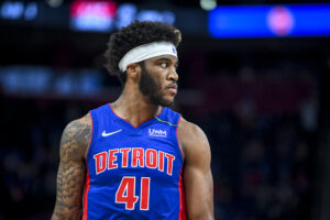 Saddiq Bey #41 of the Detroit Pistons looks on against the San Antonio Spurs at Little Caesars Arena on January 01, 2022 in Detroit, Michigan.