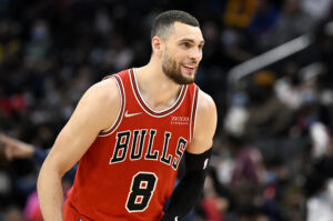 Zach LaVine #8 of the Chicago Bulls rests during a break in the game against the Washington Wizards at Capital One Arena on January 01, 2022 in Washington, DC.