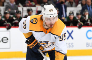 Matt Duchene #95 of the Nashville Predators gets ready during a face off against the Arizona Coyotes at Gila River Arena on January 08, 2022 in Glendale, Arizona.