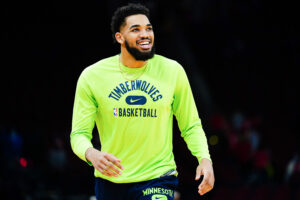 Karl-Anthony Towns #32 of the Minnesota Timberwolves warms up prior to the game again the Houston Rockets at Toyota Center on January 9, 2022 in Houston, Texas.