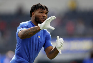 Cam Akers #23 of the Los Angeles Rams warms up before the game against the San Francisco 49ers at SoFi Stadium on January 09, 2022 in Inglewood, California.