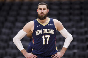 Jonas Valanciunas #17 of the New Orleans Pelicans during the second half of their NBA game against the Toronto Raptors at Scotiabank Arena on January 9, 2022 in Toronto, Canada.