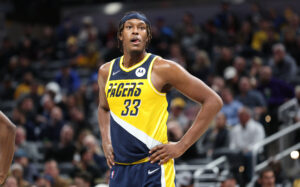 Myles Turner #33 of the Indiana Pacers against the New York Knicks at Gainbridge Fieldhouse on December 08, 2021 in Indianapolis, Indiana. 