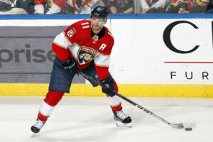 Jonathan Huberdeau #11 of the Florida Panthers skates with the puck against the Dallas Stars at the FLA Live Arena on January 14, 2022 in Sunrise, Florida