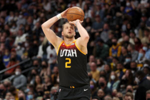 Joe Ingles #2 of the Utah Jazz puts up a shot against the Denver Nuggets in the fourth quarter at Ball Arena on January 16, 2022 in Denver, Colorado.