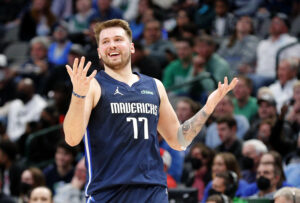 Luka Doncic #77 of the Dallas Mavericks reacts after a foul call in the second half against the Oklahoma City Thunder at American Airlines Center on January 17, 2022 in Dallas, Texas.