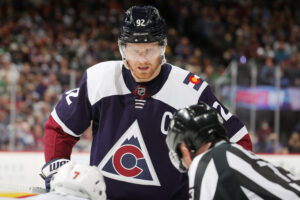 Gabriel Landeskog #92 of the Colorado Avalanche looks on before a face off against the Minnesota Wild at Ball Arena on January 17, 2022 in Denver, Colorado.