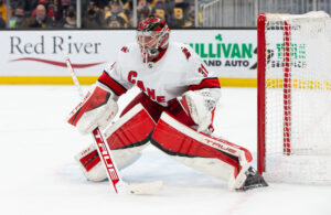 BOSTON, MA - JANUARY 18: Frederik Andersen #31 of the Carolina Hurricanes tends goal during the first period against the Boston Bruins at the TD Garden on January 18, 2022 in Boston, Massachusetts. The Hurricanes won 7-1